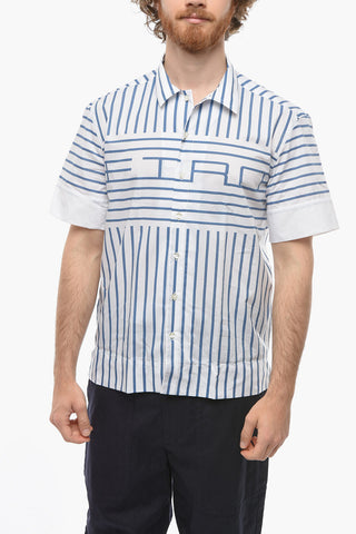 Camicia a Maniche Corte con Fantasia a Righe e Stampa Logo