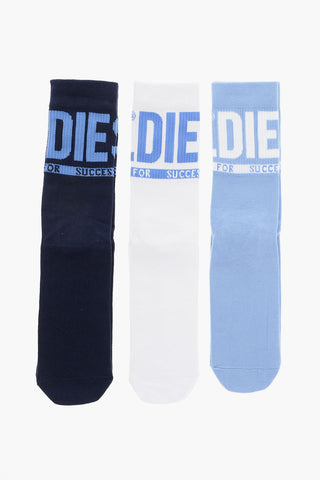 Set 3 Pairs of Cotton Blend Long Socks with Contrasting Logo 