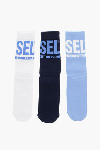 Set 3 Pairs of Cotton Blend Long Socks with Contrasting Logo 