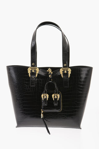 JEANS COUTURE Crocodile Effect Faux Leather Tote Bag with Matched Pouch