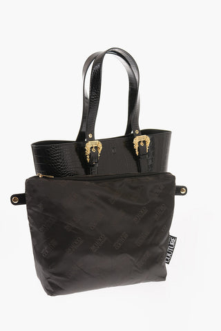 JEANS COUTURE Crocodile Effect Faux Leather Tote Bag with Matched Pouch