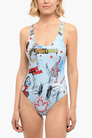 Costume Intero con Logo Grafico e Scollo sulla Schiena