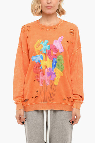 Distressed Printed Brushed Cotton Oversize Crewneck Sweatshirt