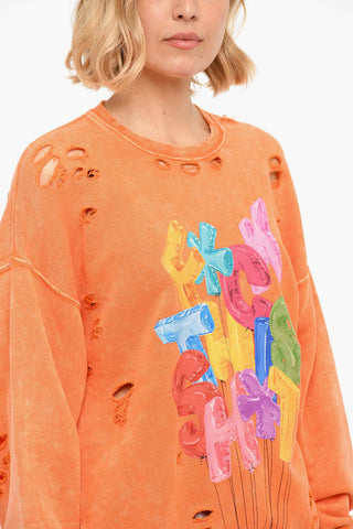 Distressed Printed Brushed Cotton Oversize Crewneck Sweatshirt
