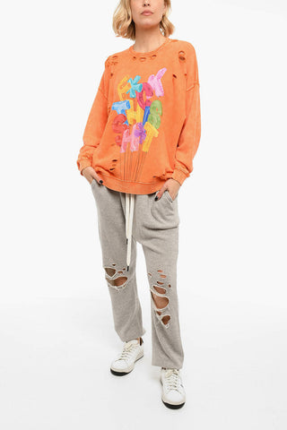 Distressed Printed Brushed Cotton Oversize Crewneck Sweatshirt