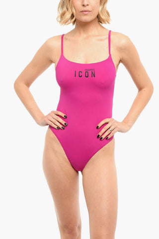 Solid-colored One-piece Swimsuit with Logo Print
