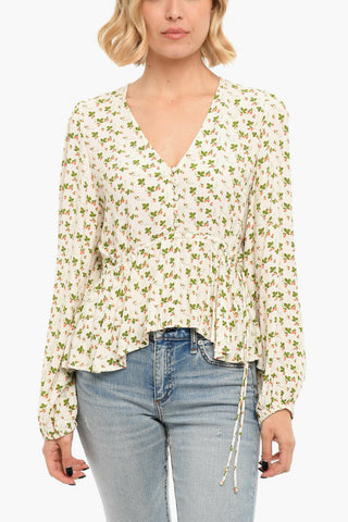 V Neck Printed CECILIA Blouse With Drawstrings