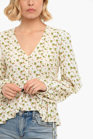 V Neck Printed CECILIA Blouse With Drawstrings