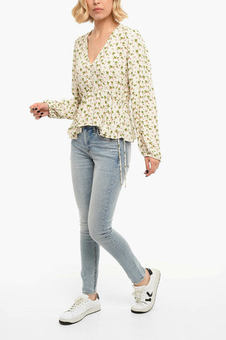 V Neck Printed CECILIA Blouse With Drawstrings