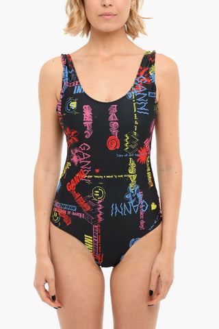 One-piece Swimsuit with Multicolored Pattern and Twisted Shoulder Straps