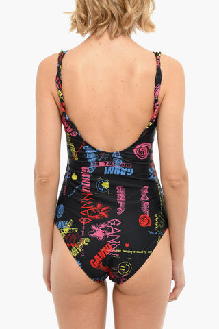 One-piece Swimsuit with Multicolored Pattern and Twisted Shoulder Straps