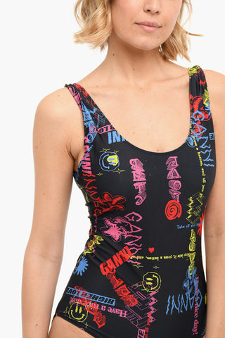 One-piece Swimsuit with Multicolored Pattern and Twisted Shoulder Straps