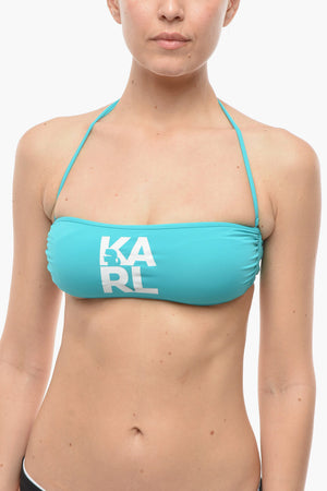 Top Bikini a Fascia in Tinta Unita con Stampa Logo a Contrasto