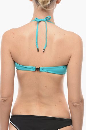 Top Bikini a Fascia in Tinta Unita con Stampa Logo a Contrasto