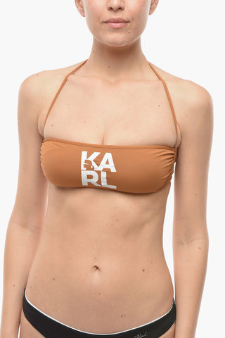Solid-Color Bandeau Bikini Top with Contrasting Logo Print