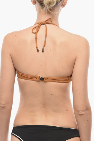 Solid-Color Bandeau Bikini Top with Contrasting Logo Print