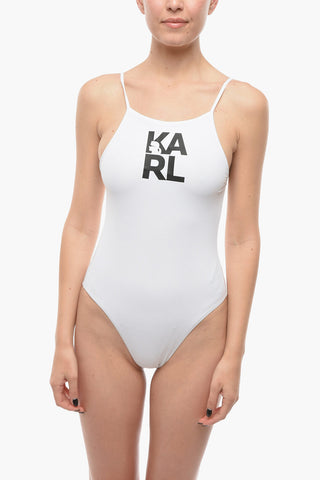 Solid-Color One-Piece Swimsuit with Printed Logo
