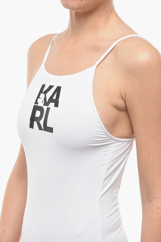 Solid-Color One-Piece Swimsuit with Printed Logo