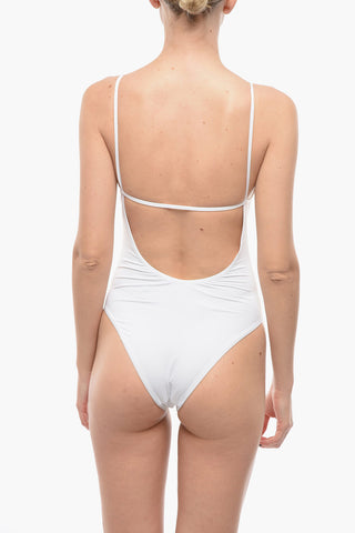 Solid-Color One-Piece Swimsuit with Printed Logo