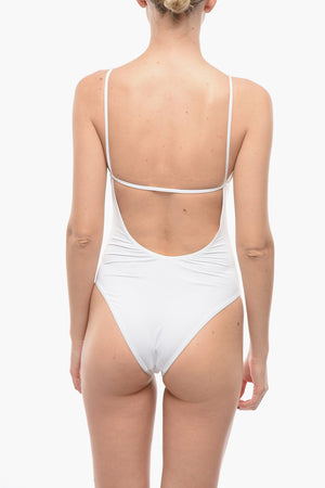 Solid-Color One-Piece Swimsuit with Printed Logo