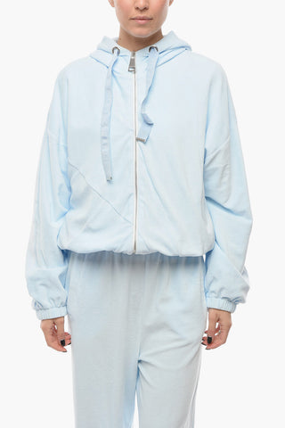 Velour Zip-up Hoodie with Logoed Drawstrings