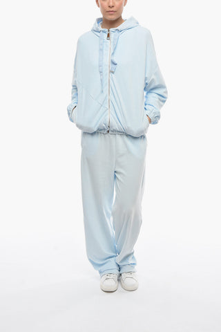 Velour Zip-up Hoodie with Logoed Drawstrings