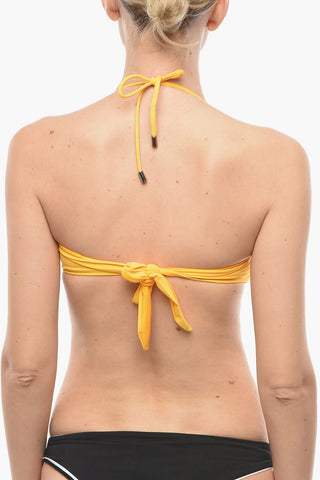 Solid-Color Bandeau Bikini Top with Contrasting Logo Print