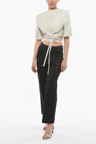 Soft-leather ATLASS Cropped Top with Oversized Shoulders and Laces Detailing