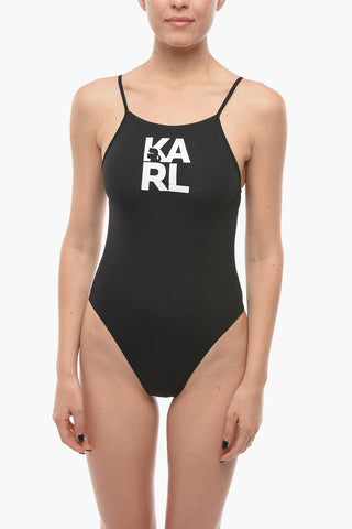 Solid Color One Piece Swimsuit with Printed Logo