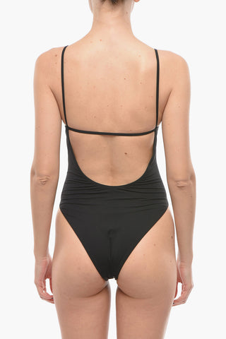 Solid Color One Piece Swimsuit with Printed Logo