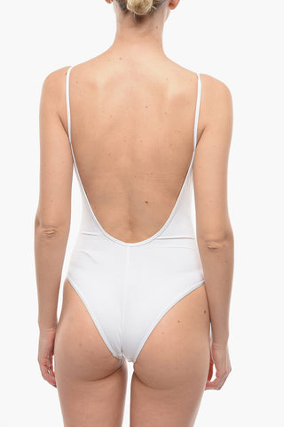 Solid Color One Piece Swimsuit with Printed Contrasting Logo