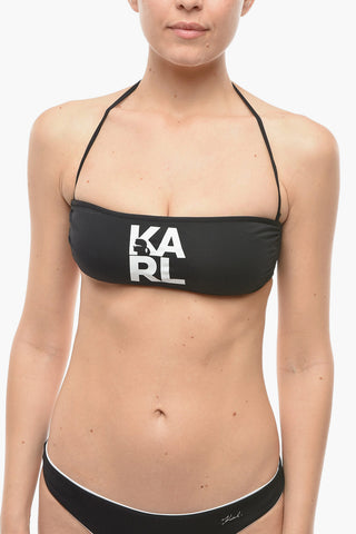 Solid-Color Bandeau Bikini Top with Contrasting Logo Print