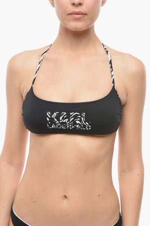 Solid-Color Halter Bikini Top with Animal-Print Details