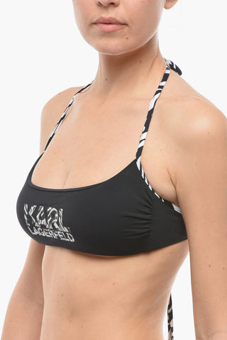 Solid-Color Halter Bikini Top with Animal-Print Details