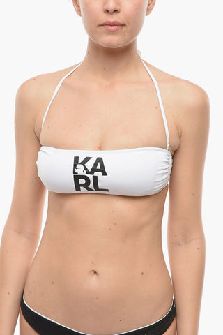 Solid-Color Bandeau Bikini Top with Contrasting Logo Print