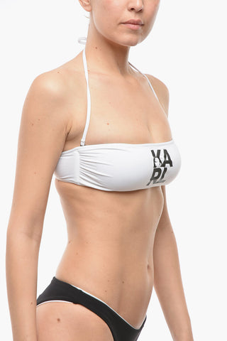 Solid-Color Bandeau Bikini Top with Contrasting Logo Print