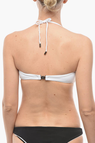 Solid-Color Bandeau Bikini Top with Contrasting Logo Print