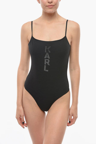 Solid Color One Piece Swimsuit with Printed Contrasting Logo