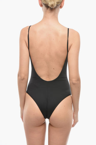Solid Color One Piece Swimsuit with Printed Contrasting Logo