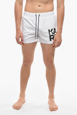 Solid Color Swim Shorts with Printed Contrasting Logo