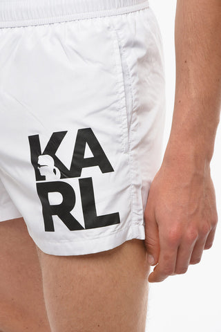 Solid Color Swim Shorts with Printed Contrasting Logo