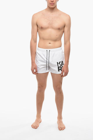 Solid Color Swim Shorts with Printed Contrasting Logo