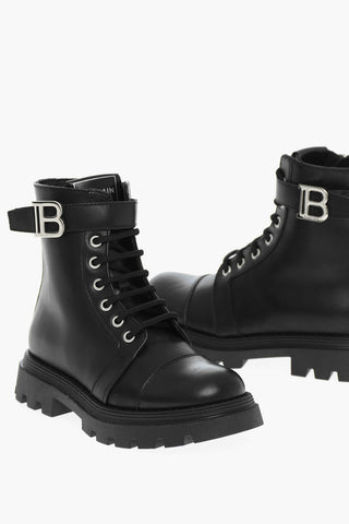 leather Combat Boots With Straps And Logoed Buckle