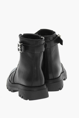 leather Combat Boots With Straps And Logoed Buckle
