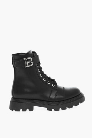 leather Combat Boots With Straps And Logoed Buckle