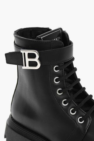 leather Combat Boots With Straps And Logoed Buckle