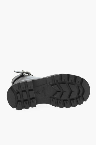 leather Combat Boots With Straps And Logoed Buckle