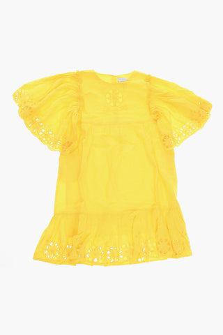Cotton Flared Dress with Perforated Floral Pattern