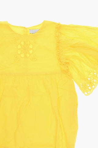 Cotton Flared Dress with Perforated Floral Pattern