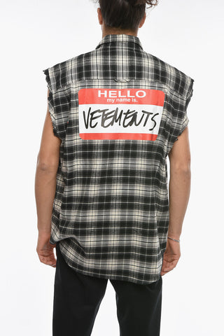 UNISEX Cotton-flannel Sleeveless Shirt with HELLO MY NAME IS VETEMENTS Print